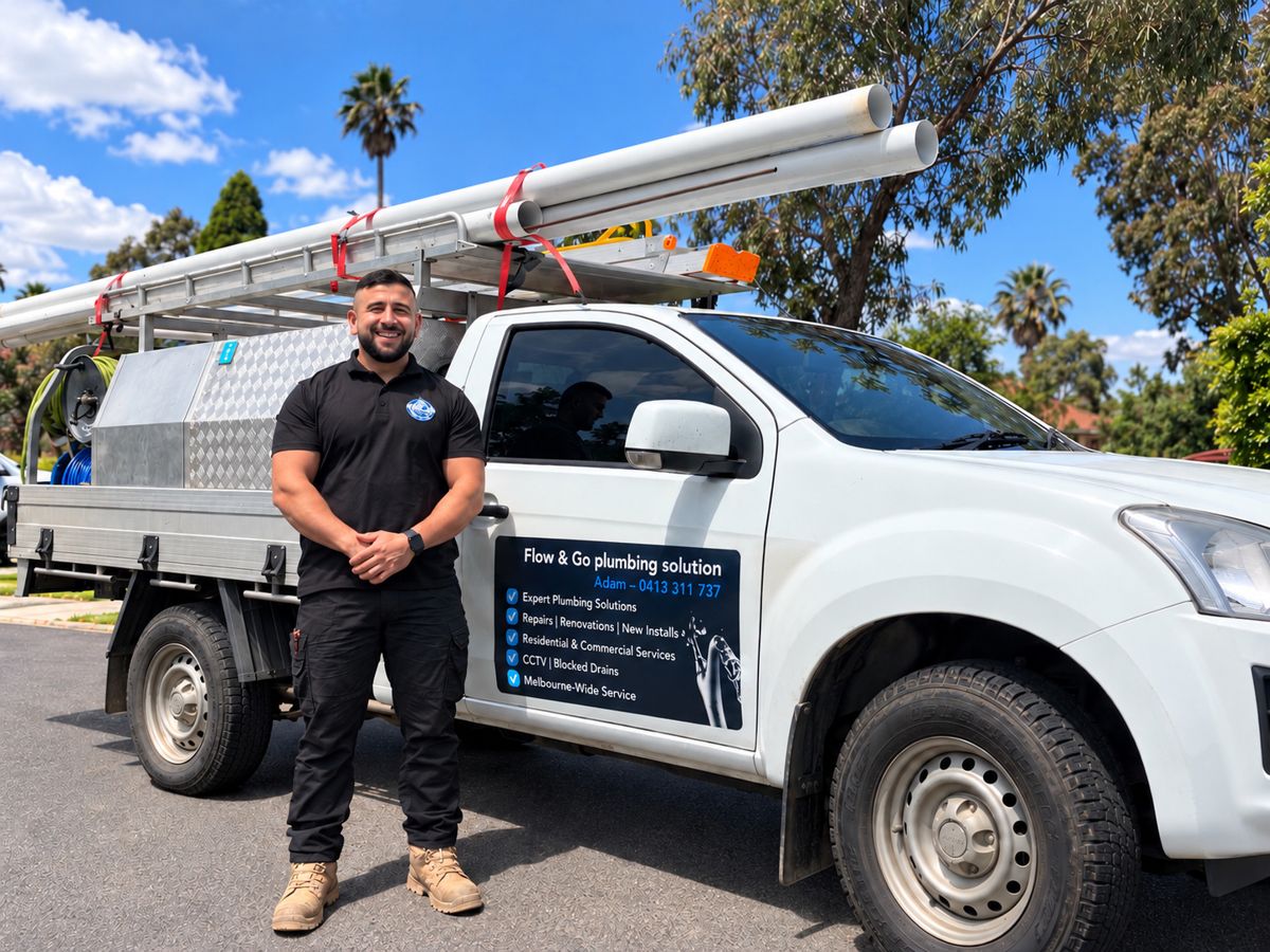 Flow and Go plumber standing beside the work ute with pipes and hose reels on board